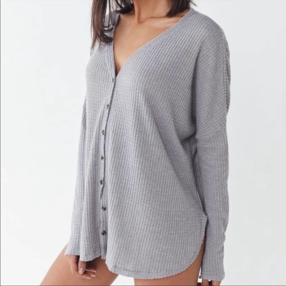Urban Outfitters Out From Under Jojo Oversized Thermal Button-Front Top Gray - Picture 2 of 10